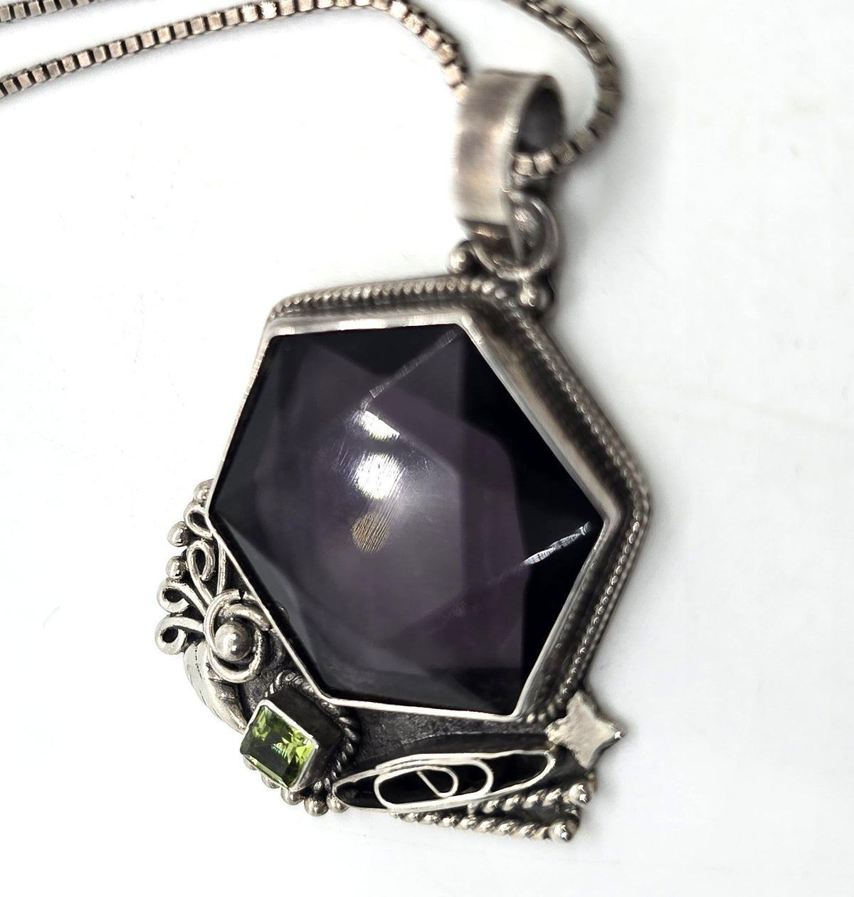Large Synthetic Hexagonal Amethyst and Peridot vintage sterling silver necklace
