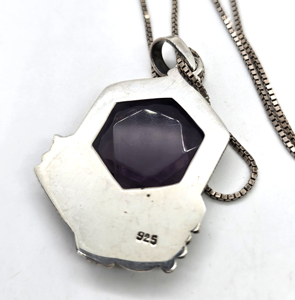 Large Synthetic Hexagonal Amethyst and Peridot vintage sterling silver necklace