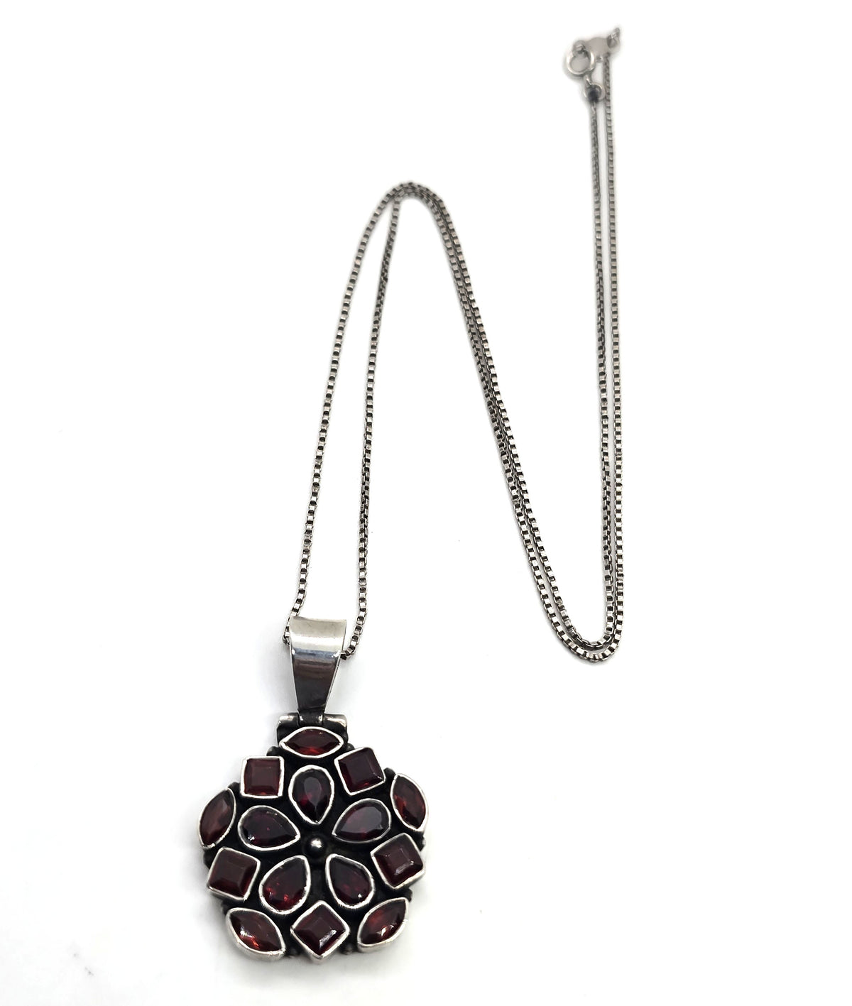 Multi gemstone garnet flower sterling silver pendant necklace