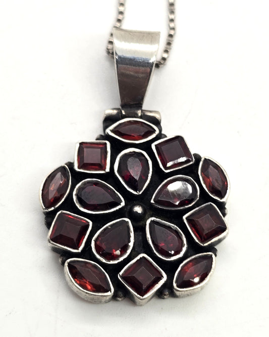Multi gemstone garnet flower sterling silver pendant necklace