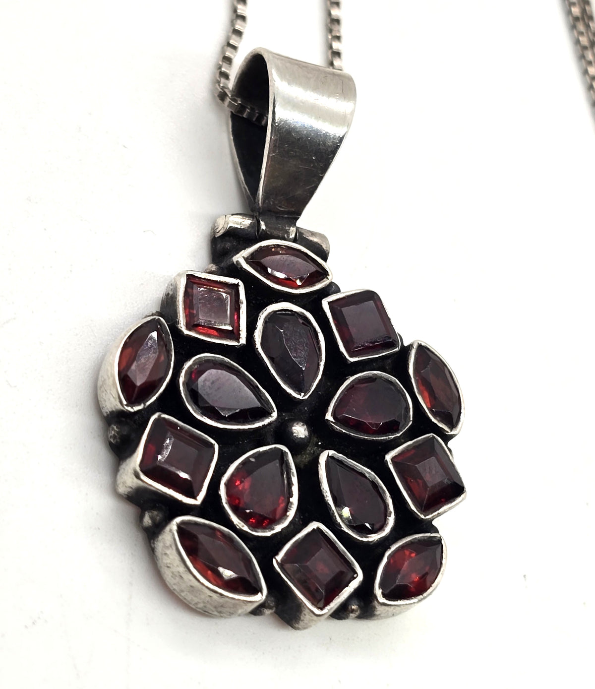 Multi gemstone garnet flower sterling silver pendant necklace