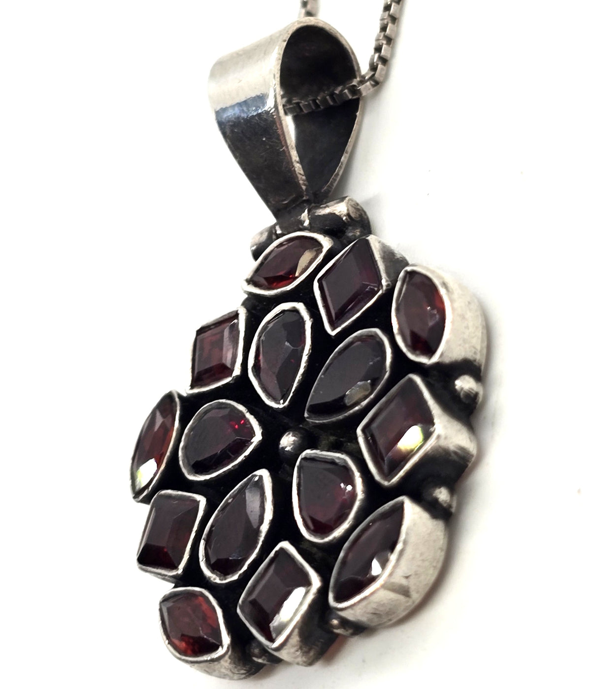 Multi gemstone garnet flower sterling silver pendant necklace