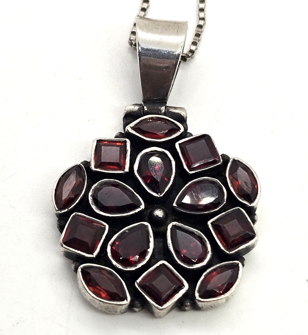 Multi gemstone garnet flower sterling silver pendant necklace