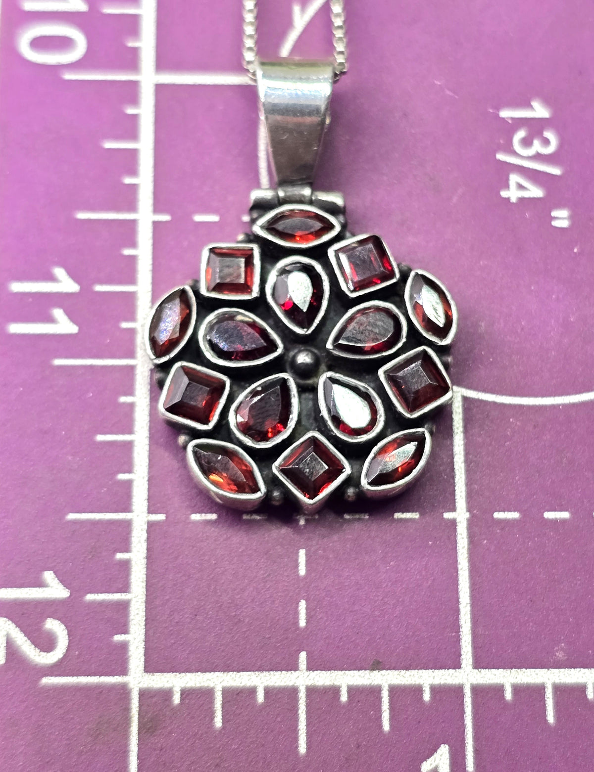 Multi gemstone garnet flower sterling silver pendant necklace