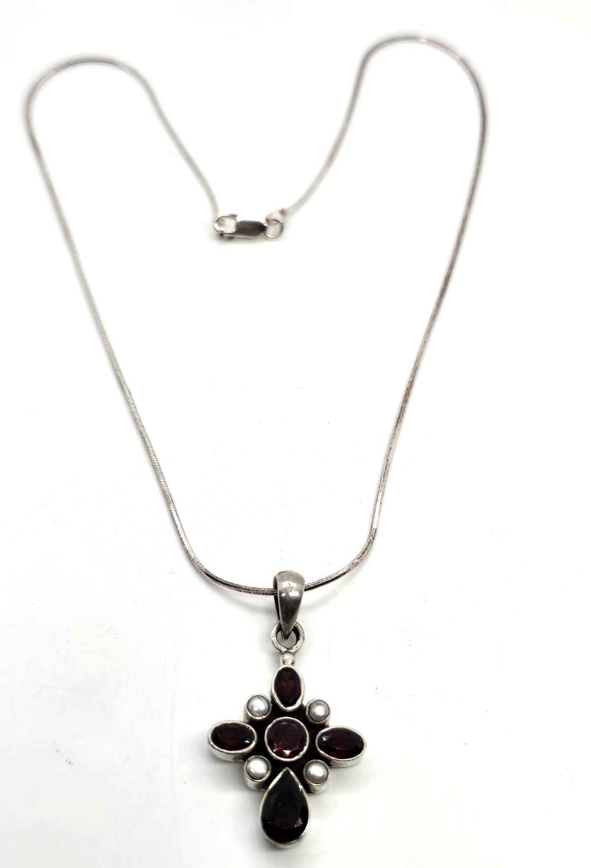 Doug Paulus DP Multi gemstone garnet pearl cross sterling silver pendant necklace