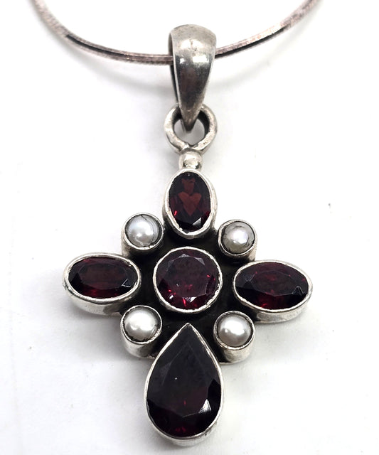 Doug Paulus DP Multi gemstone garnet pearl cross sterling silver pendant necklace