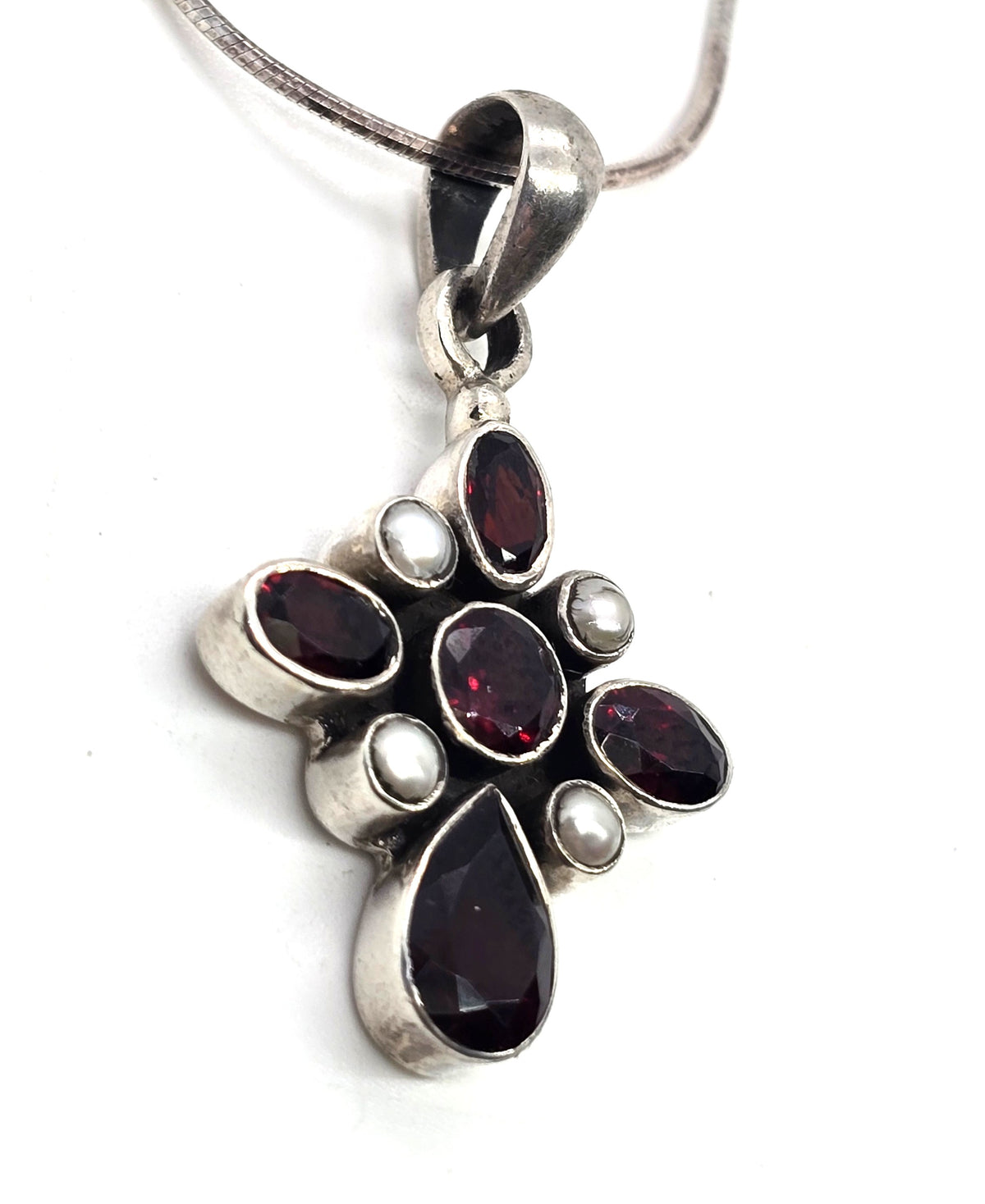Doug Paulus DP Multi gemstone garnet pearl cross sterling silver pendant necklace