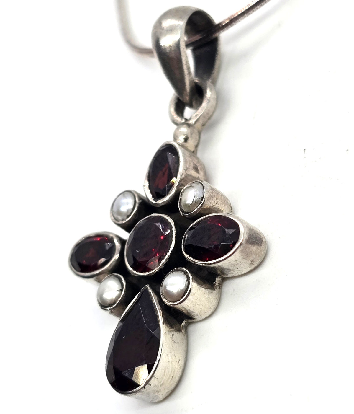 Doug Paulus DP Multi gemstone garnet pearl cross sterling silver pendant necklace