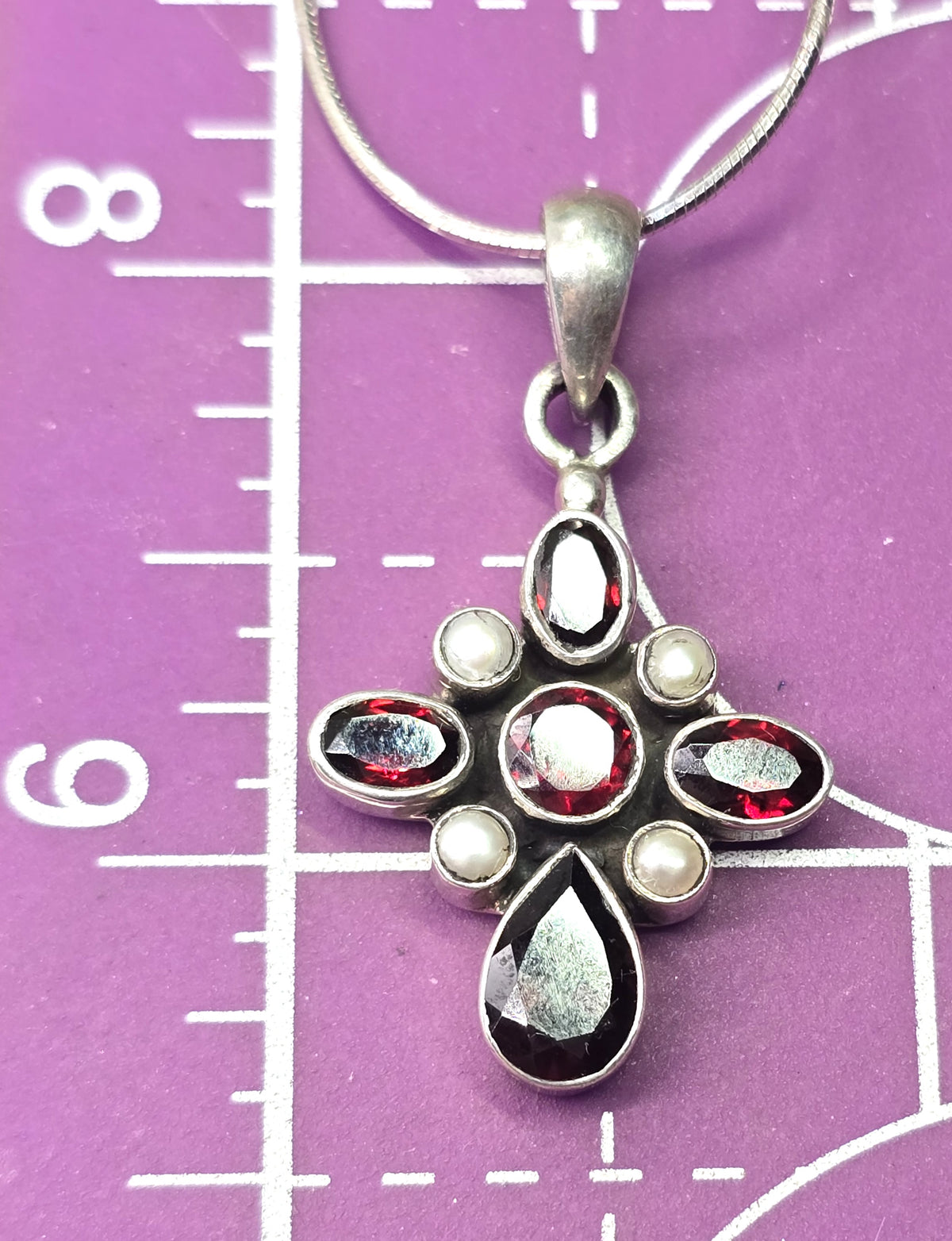 Doug Paulus DP Multi gemstone garnet pearl cross sterling silver pendant necklace