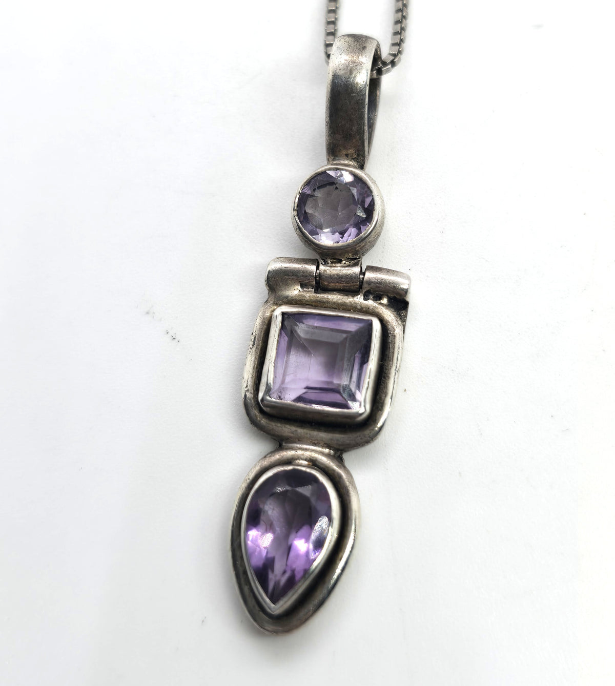 Amethyst purple multi gemstone triple articulated sterling silver vintage necklace