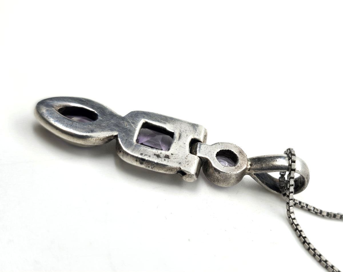 Amethyst purple multi gemstone triple articulated sterling silver vintage necklace