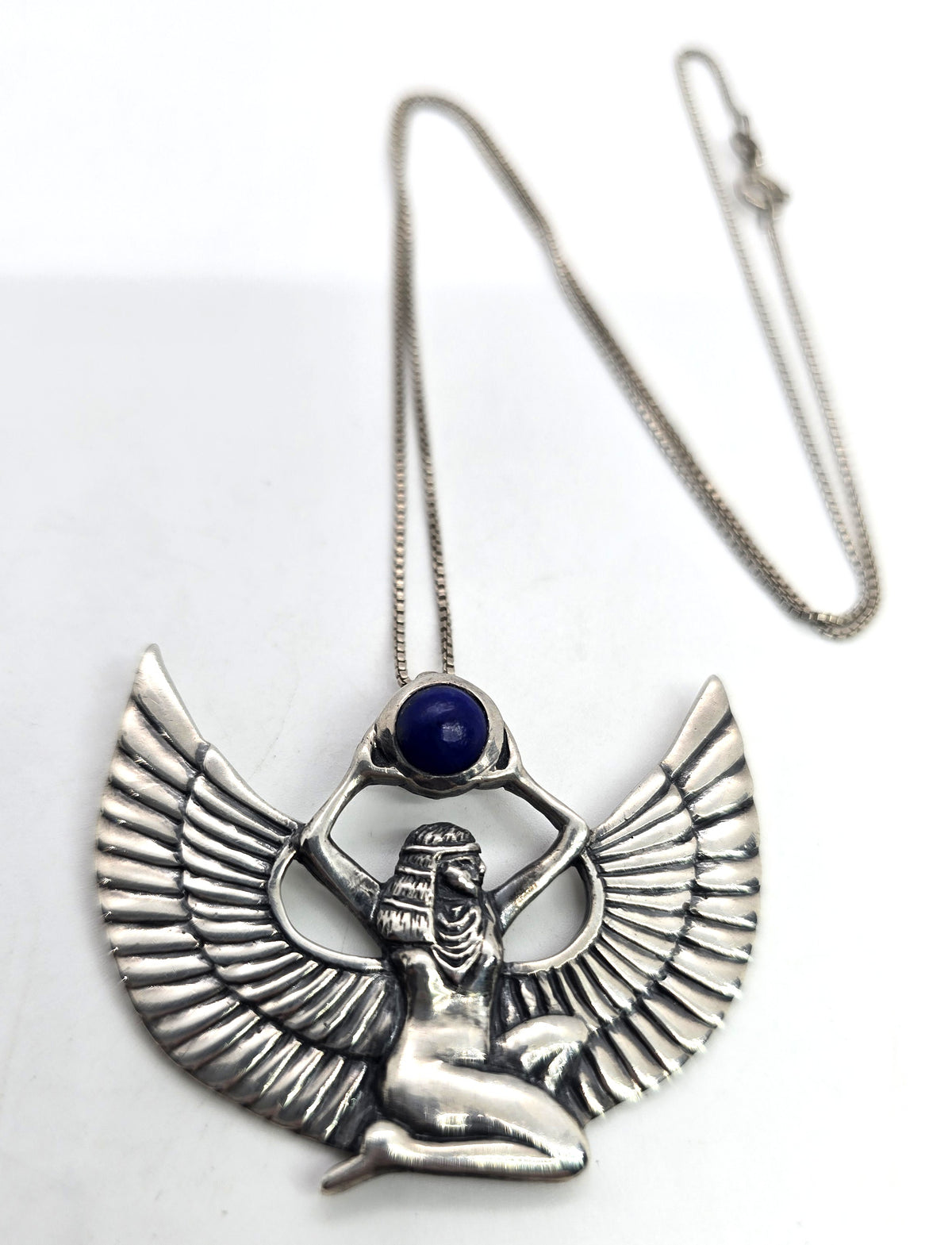 Egyptian Revival Isis Goddess sterling silver Lapis Lazuli vintage necklace