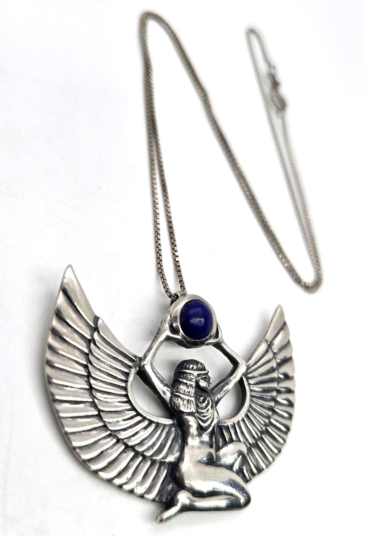 Egyptian Revival Isis Goddess sterling silver Lapis Lazuli vintage necklace