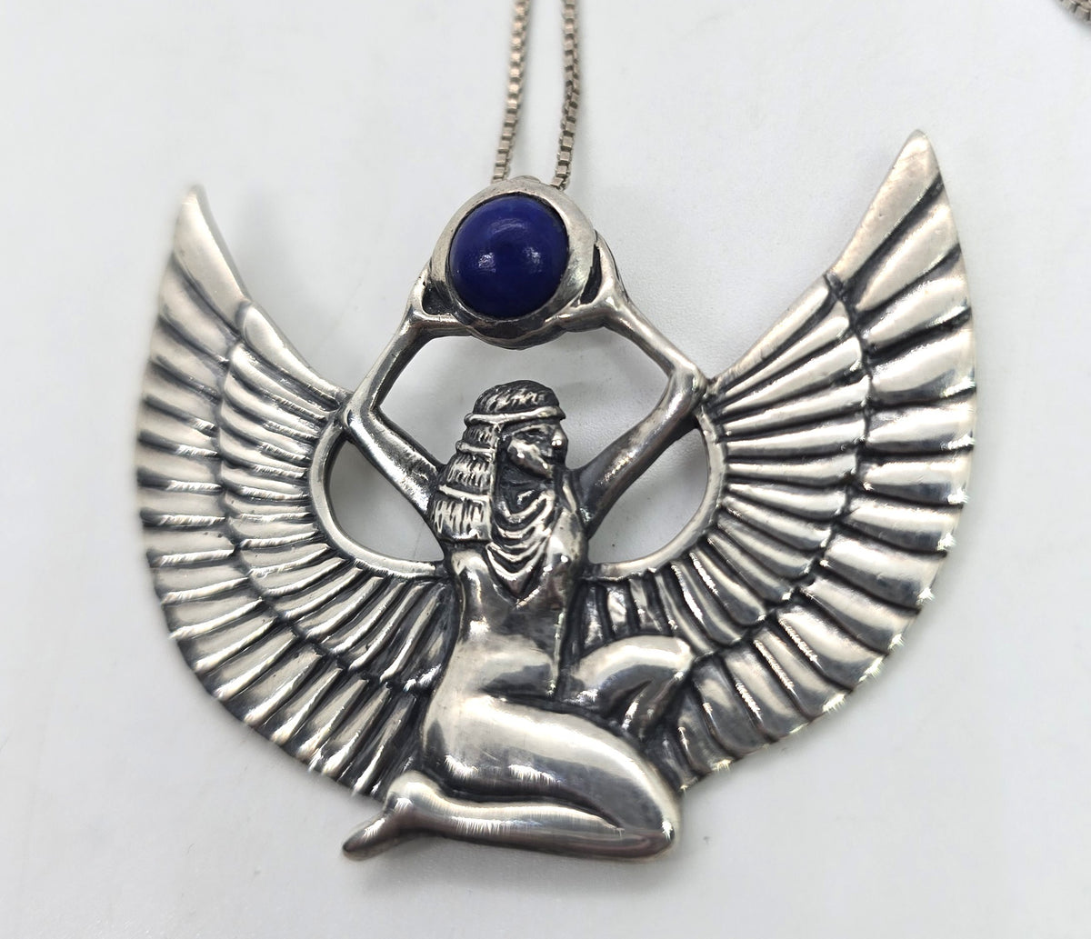 Egyptian Revival Isis Goddess sterling silver Lapis Lazuli vintage necklace
