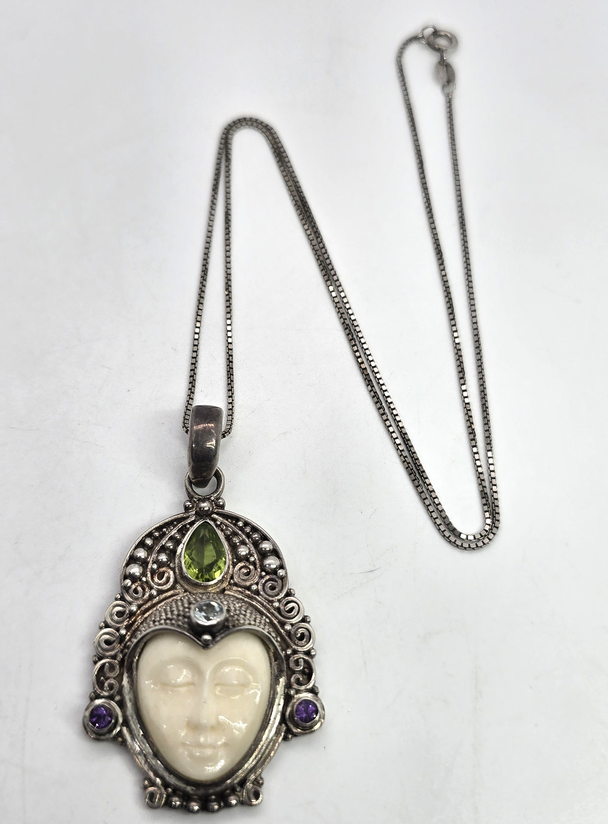 Peridot, topaz and amethyst Goddess multi gemstone signed pendant necklace