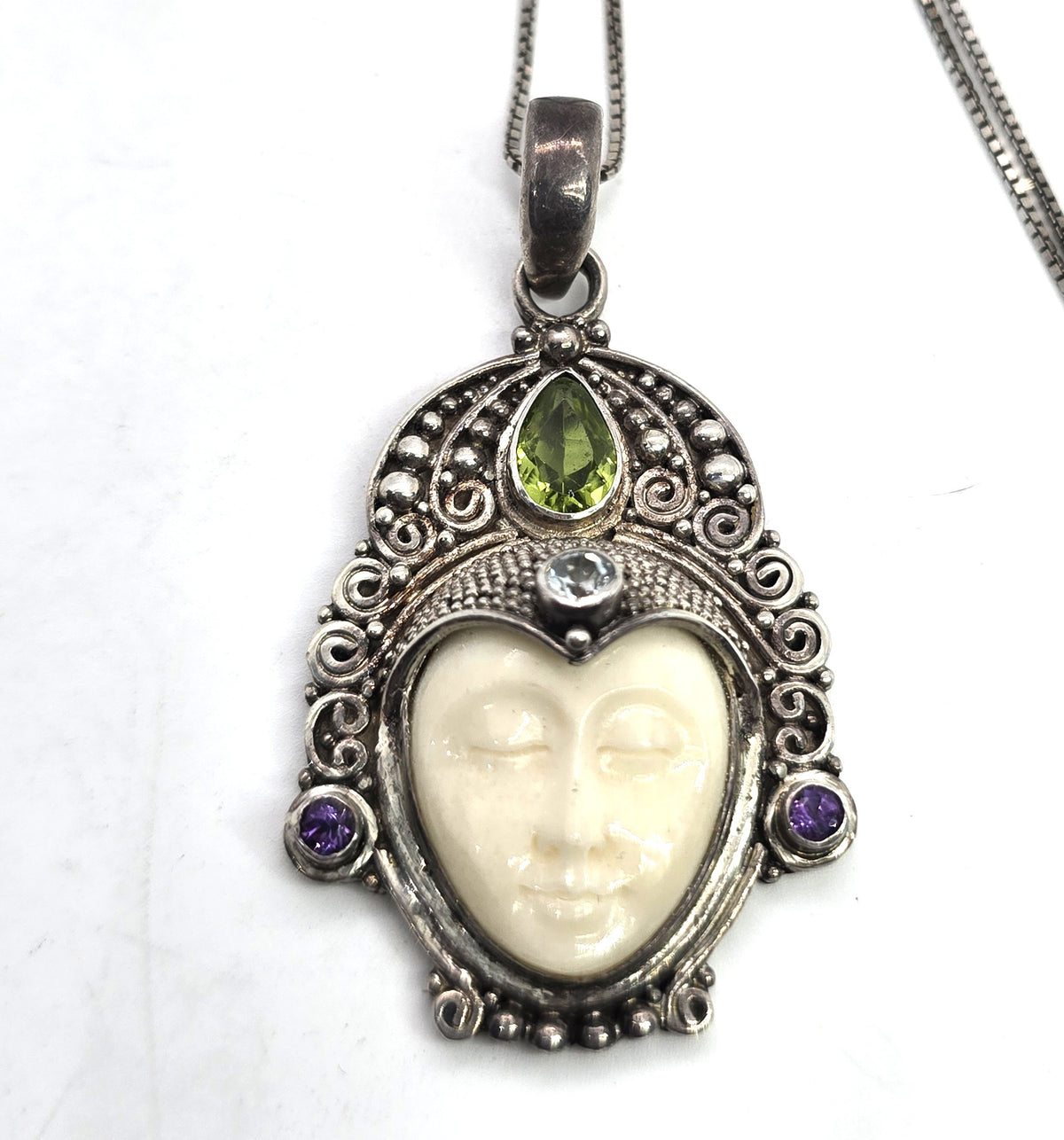 Peridot, topaz and amethyst Goddess multi gemstone signed pendant necklace