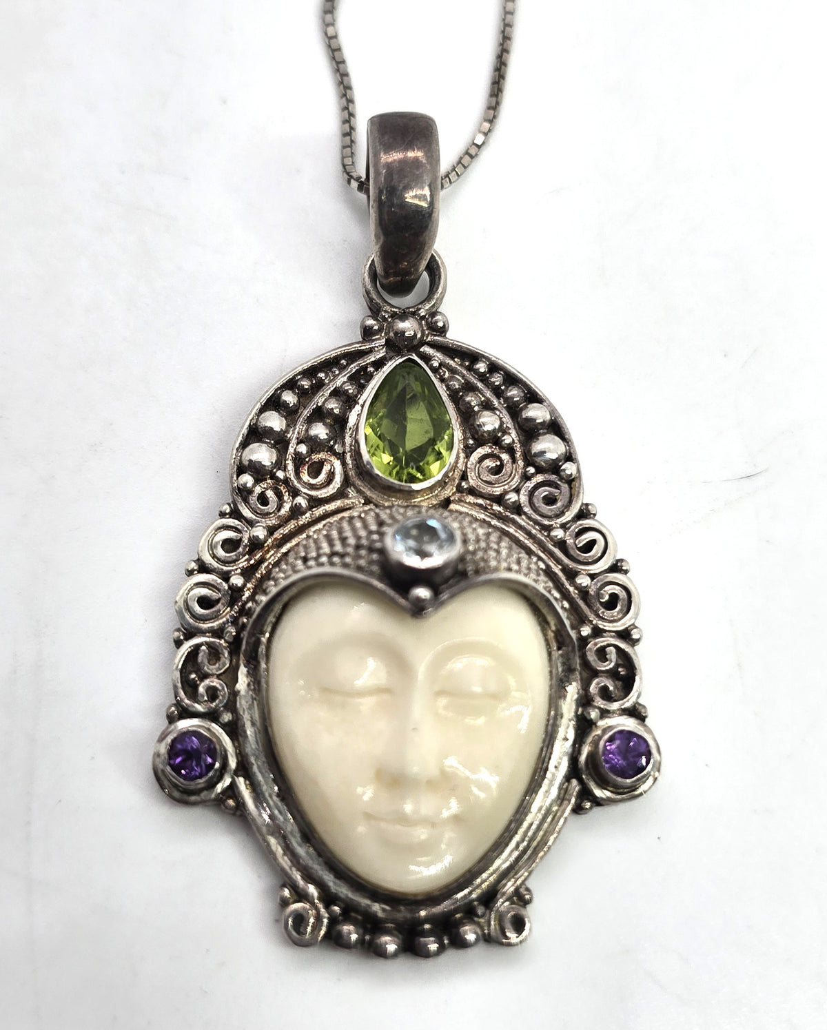 Peridot, topaz and amethyst Goddess multi gemstone signed pendant necklace