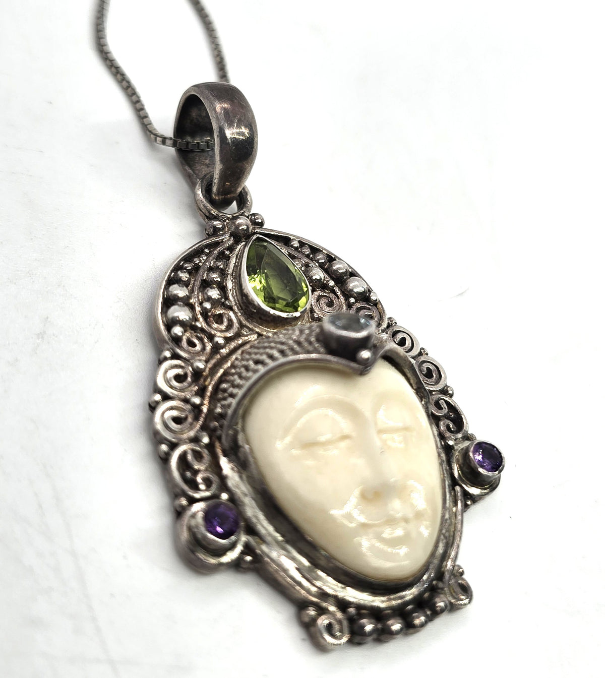 Peridot, topaz and amethyst Goddess multi gemstone signed pendant necklace