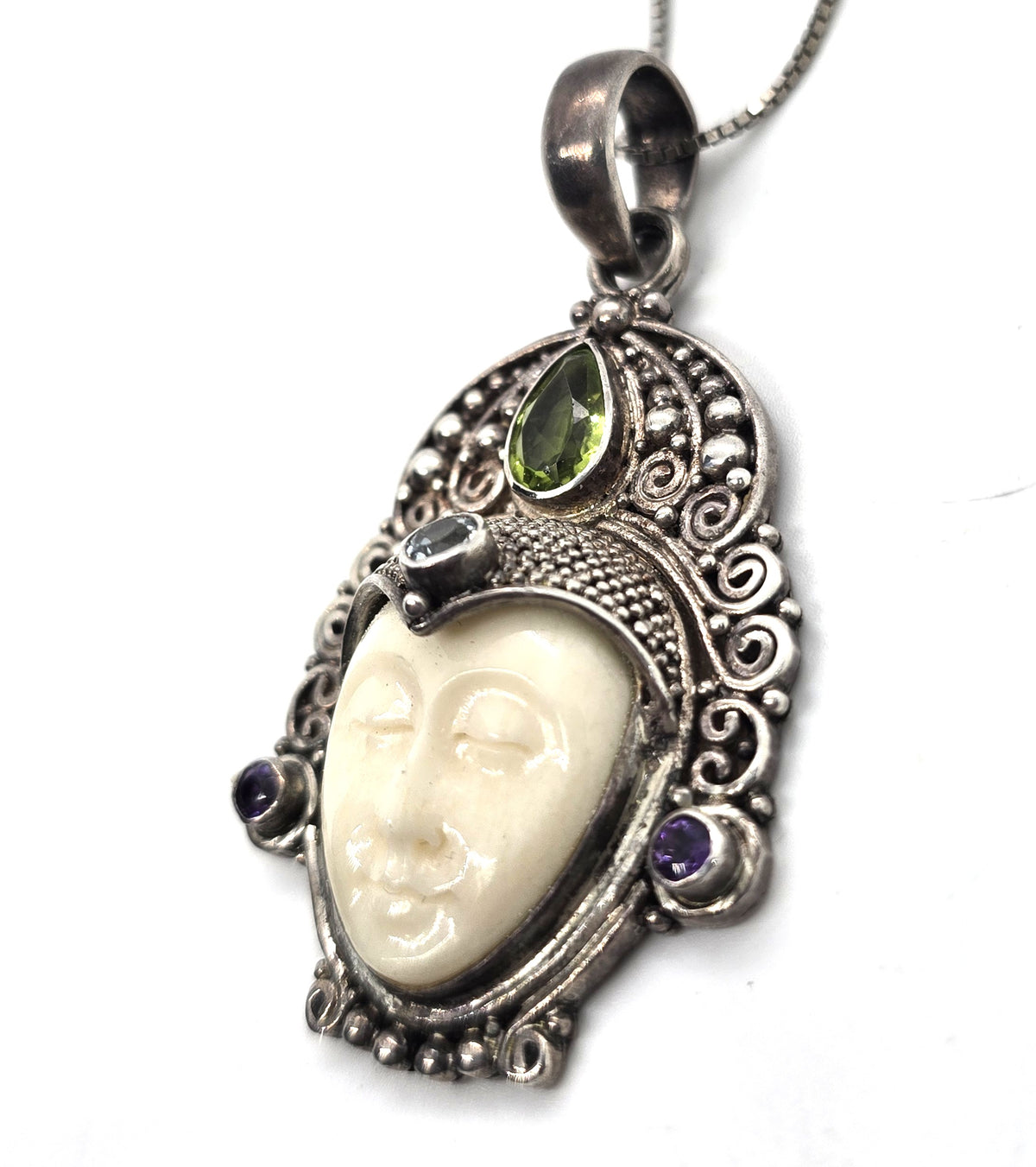 Peridot, topaz and amethyst Goddess multi gemstone signed pendant necklace