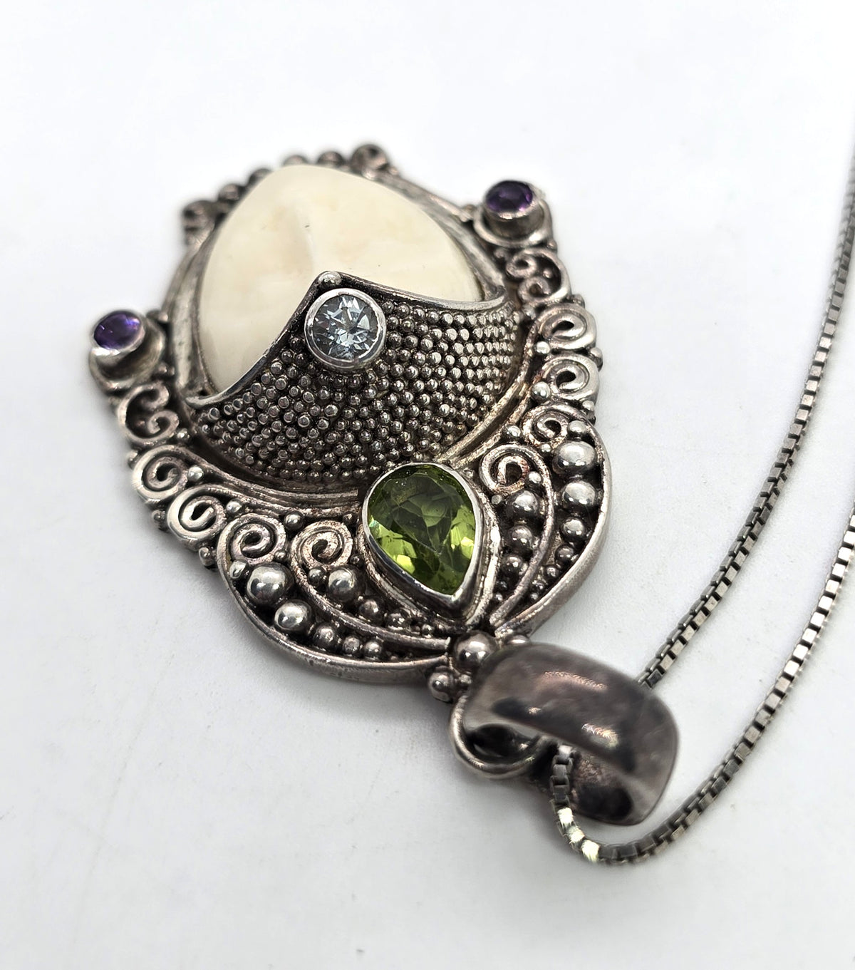 Peridot, topaz and amethyst Goddess multi gemstone signed pendant necklace