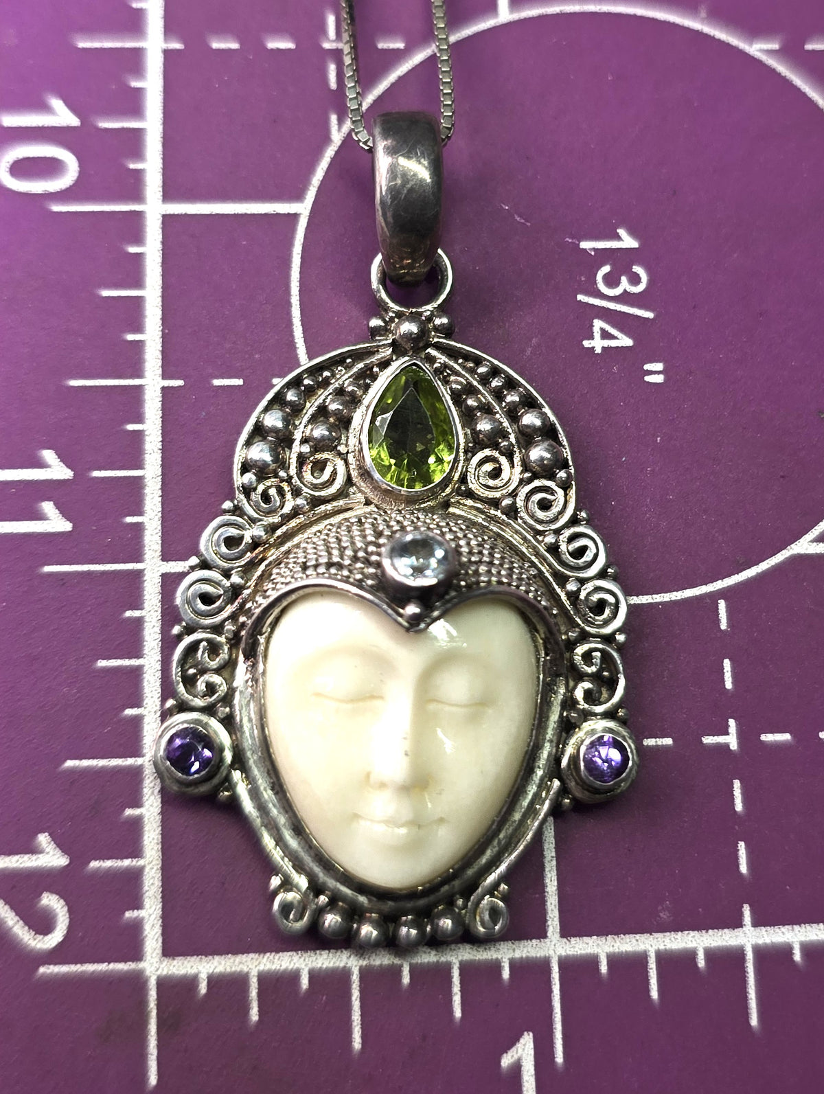 Peridot, topaz and amethyst Goddess multi gemstone signed pendant necklace