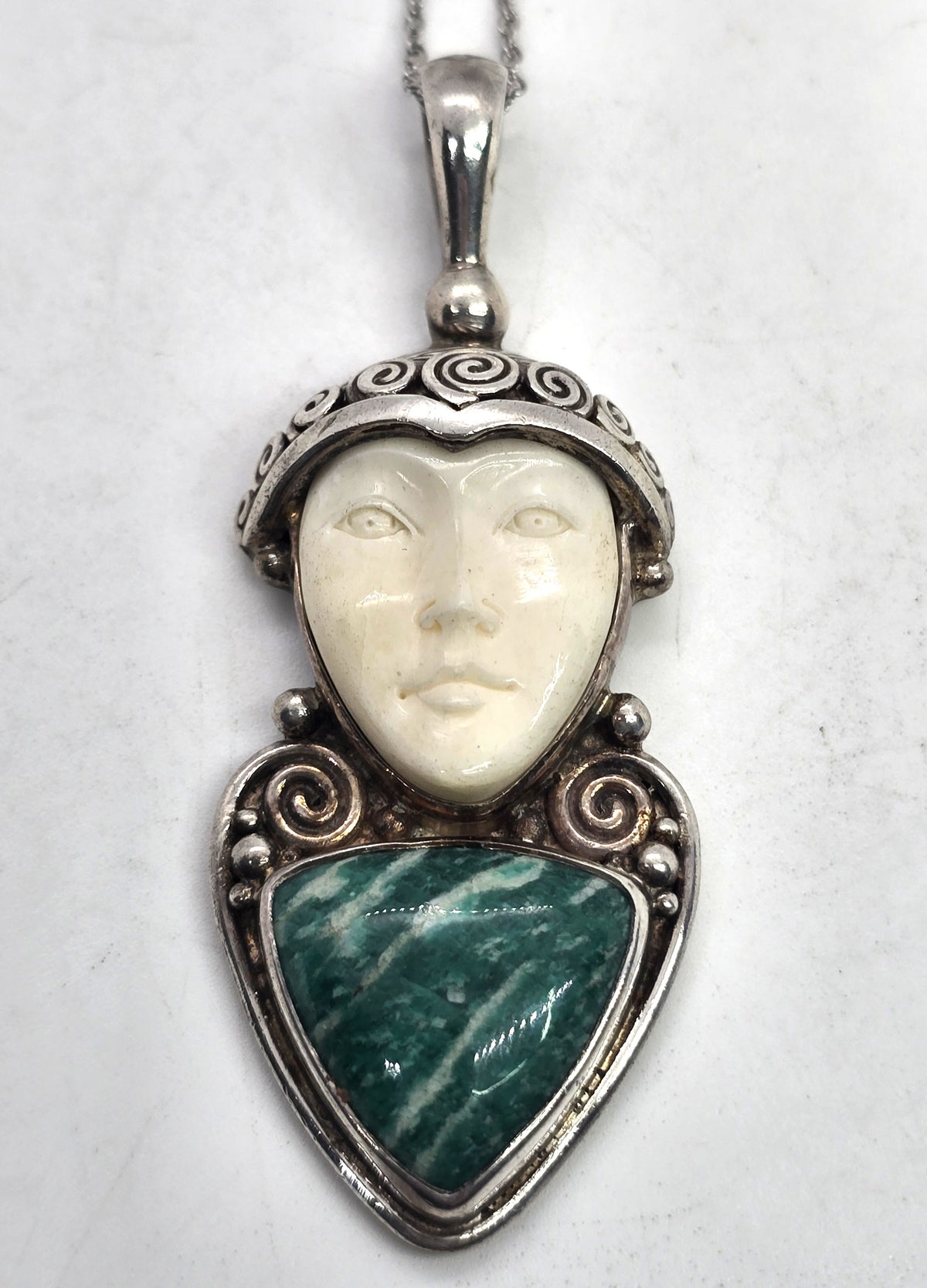 Sajen Amazonite carved Goddess multi gemstone signed pendant necklace