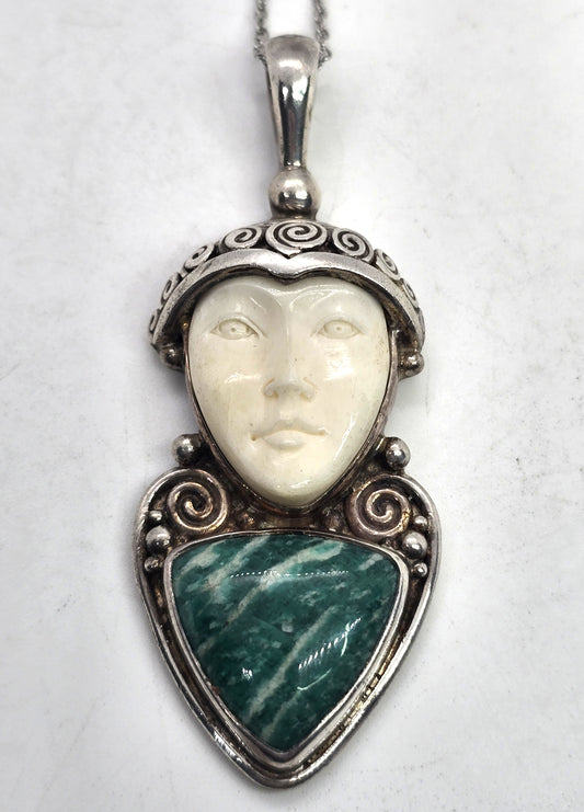Sajen Amazonite carved Goddess multi gemstone signed pendant necklace