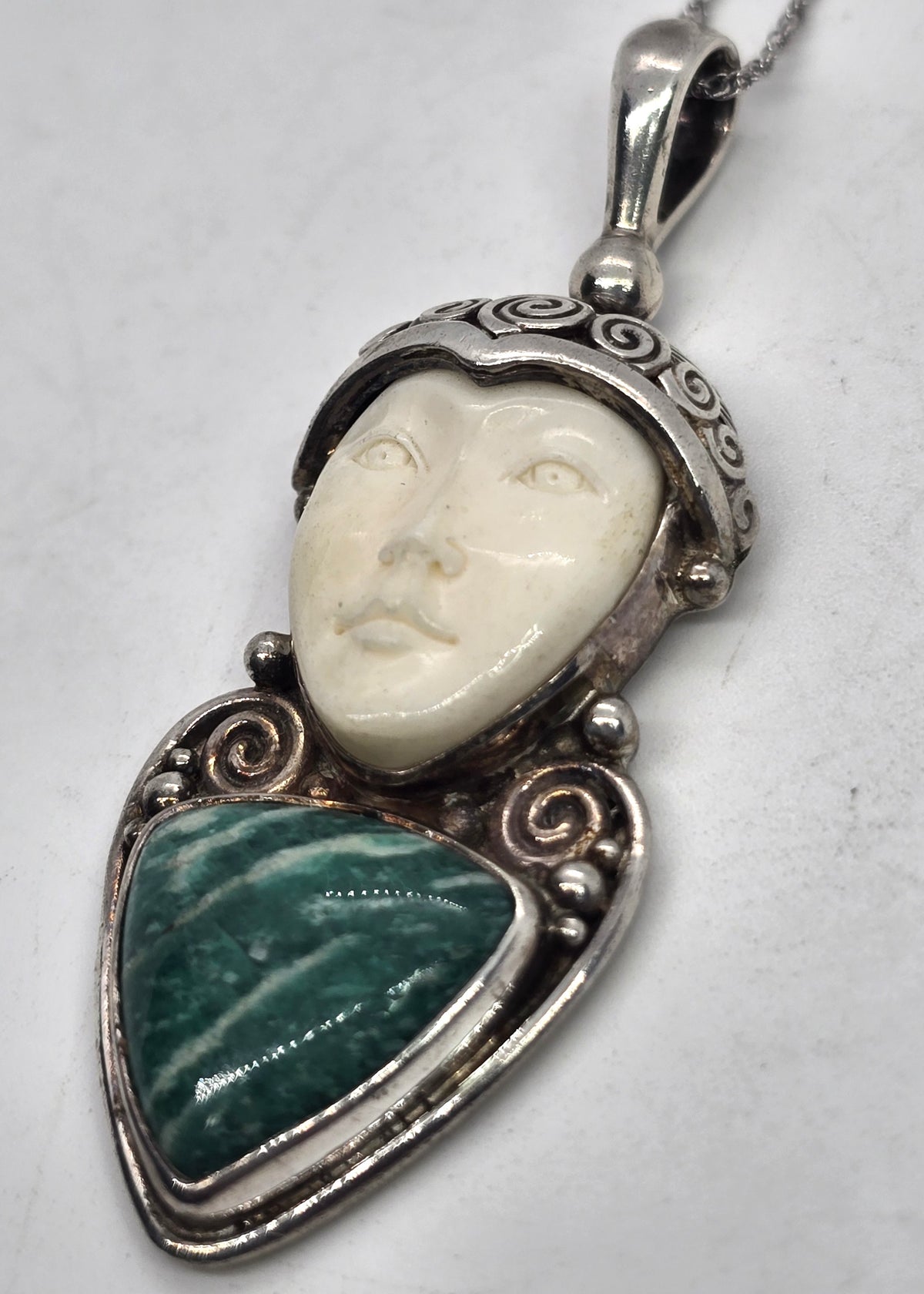 Sajen Amazonite carved Goddess multi gemstone signed pendant necklace