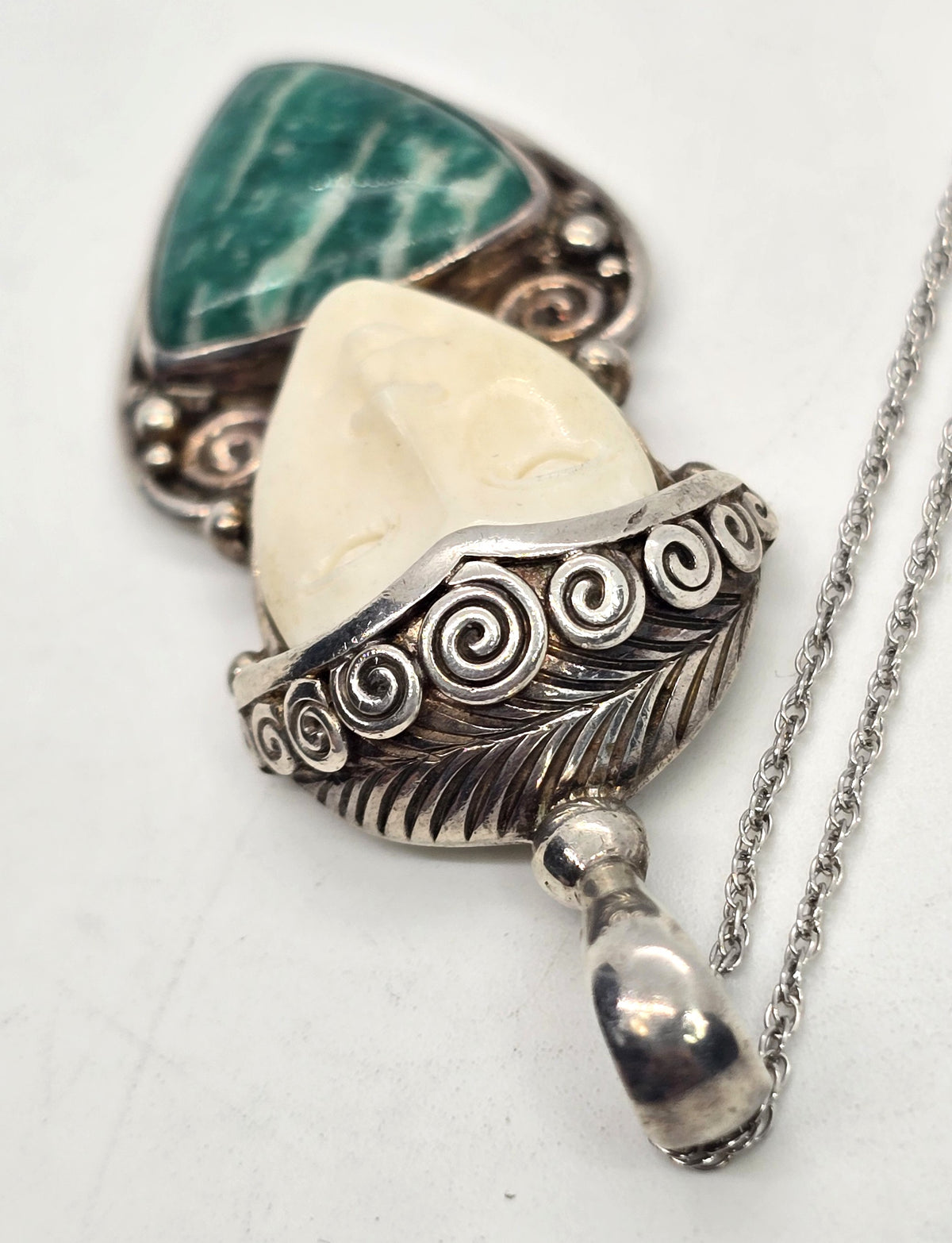 Sajen Amazonite carved Goddess multi gemstone signed pendant necklace