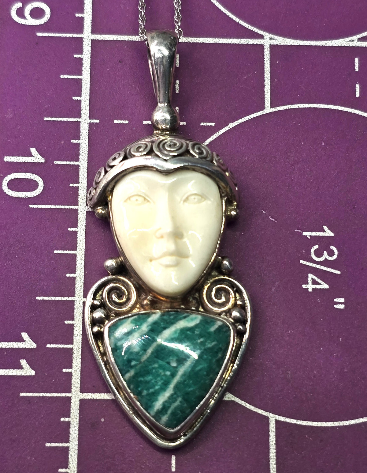 Sajen Amazonite carved Goddess multi gemstone signed pendant necklace