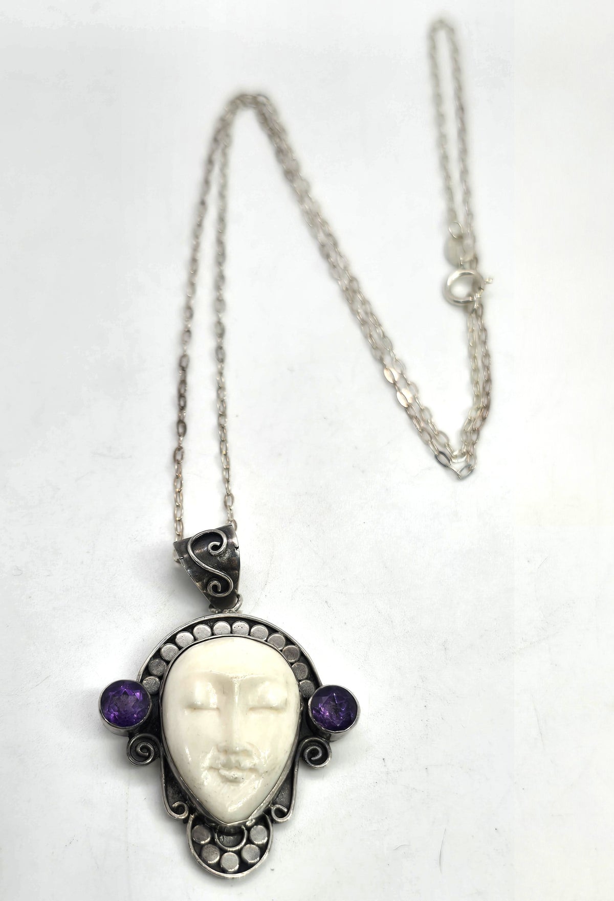 Amethyst Goddess moon face multi gemstone sterling silver pendant necklace