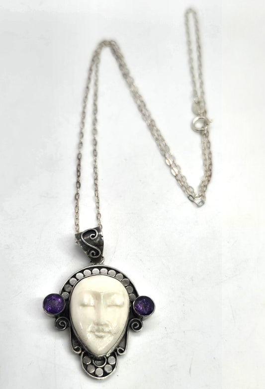 Amethyst Goddess moon face multi gemstone sterling silver pendant necklace