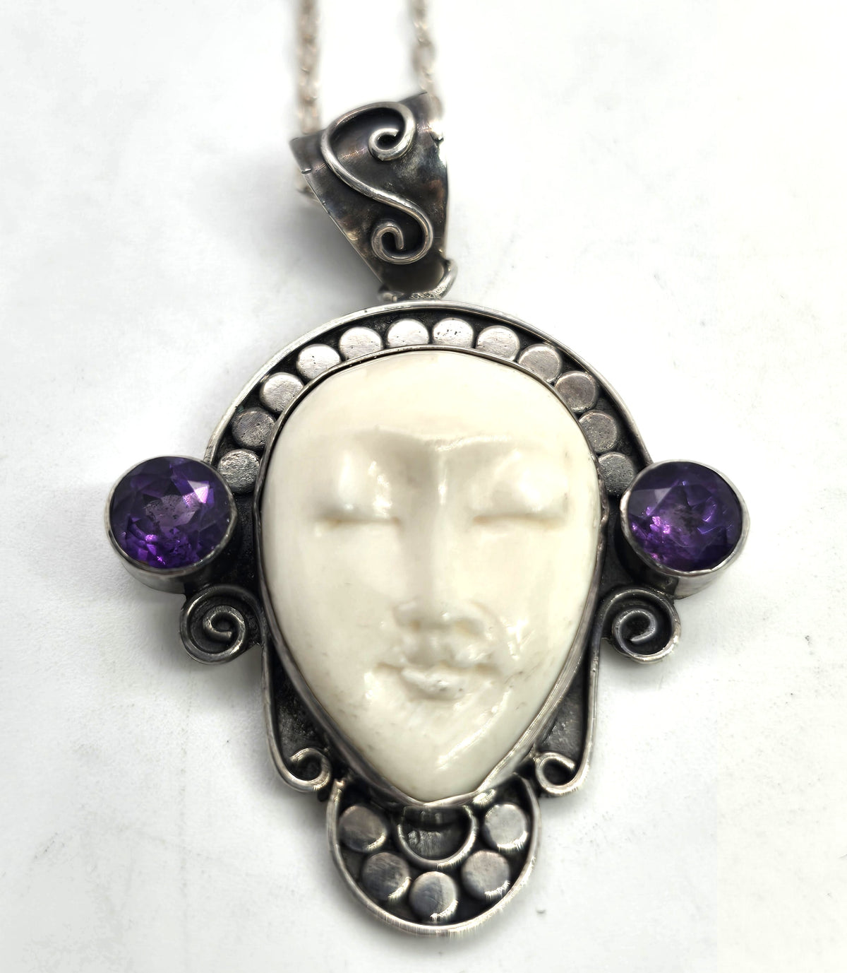 Amethyst Goddess moon face multi gemstone sterling silver pendant necklace