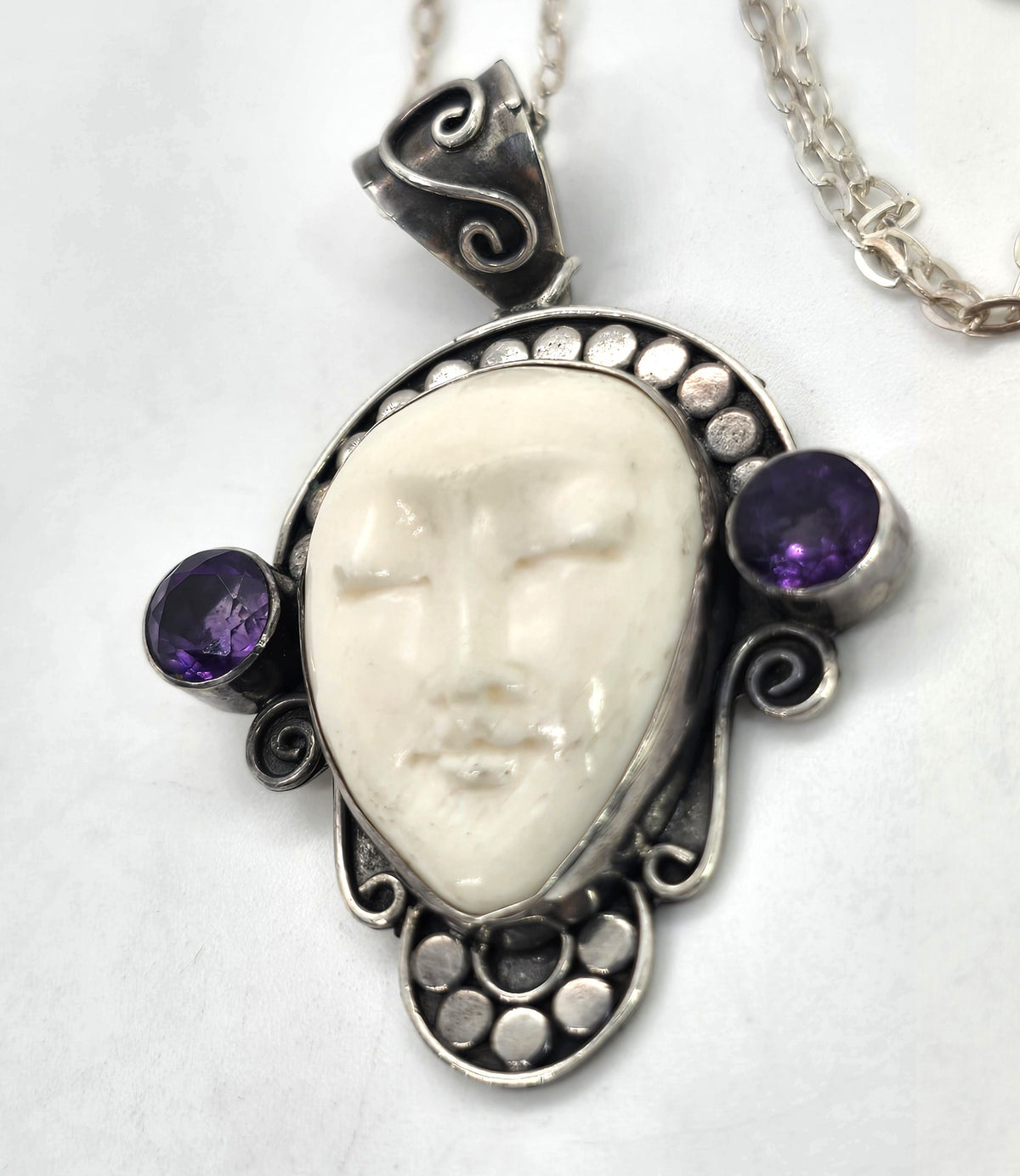 Amethyst Goddess moon face multi gemstone sterling silver pendant necklace