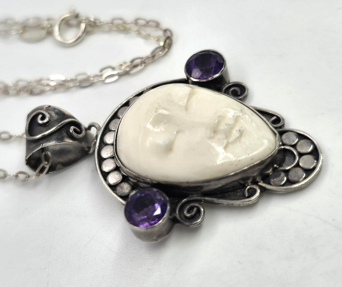 Amethyst Goddess moon face multi gemstone sterling silver pendant necklace