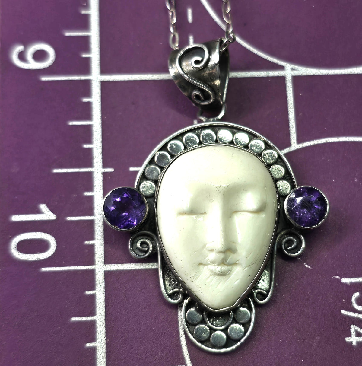 Amethyst Goddess moon face multi gemstone sterling silver pendant necklace