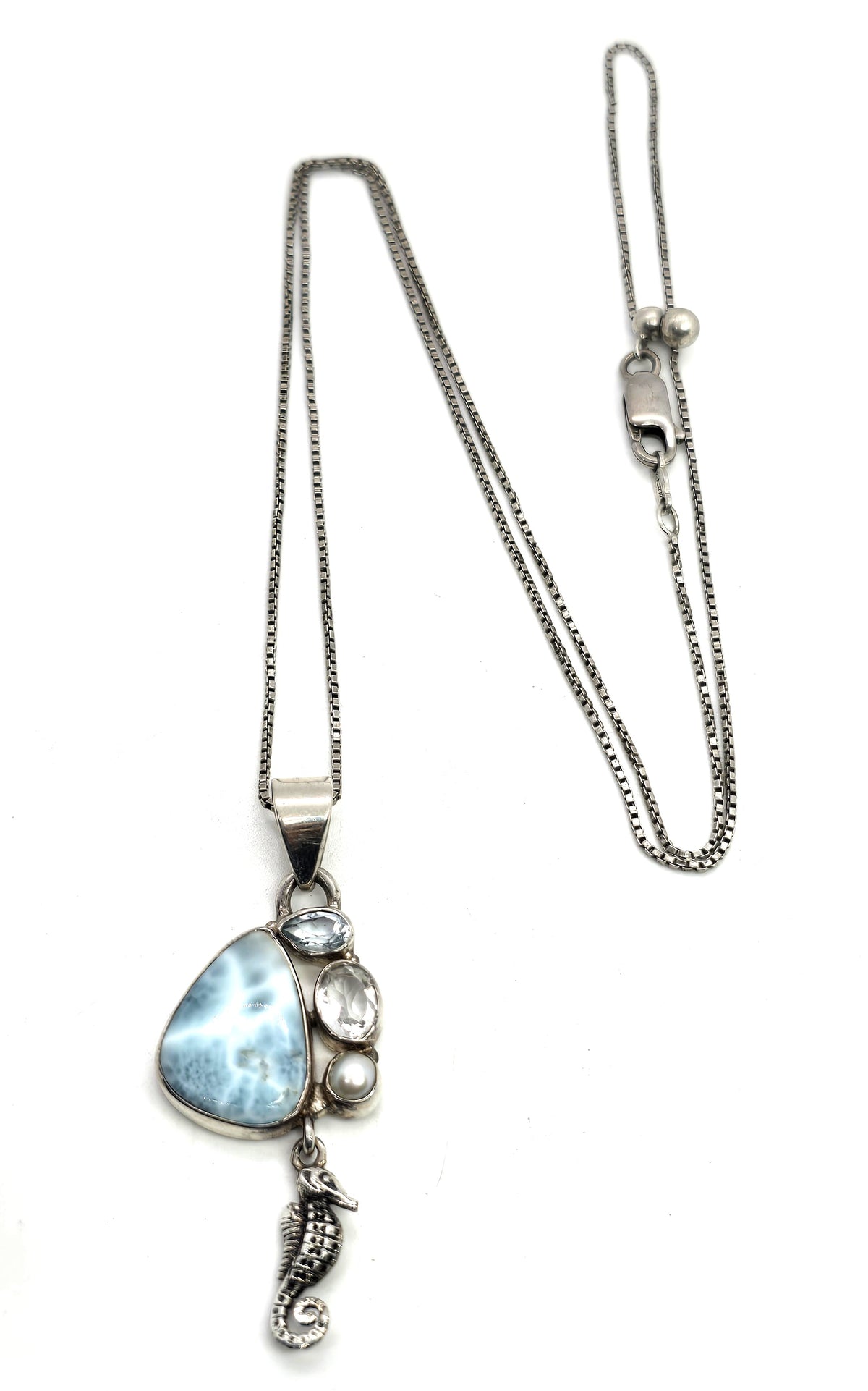Larimar Dominican topaz aquamarine sterling silver seahorse necklace