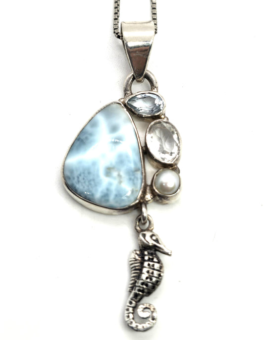 Larimar Dominican topaz aquamarine sterling silver seahorse necklace