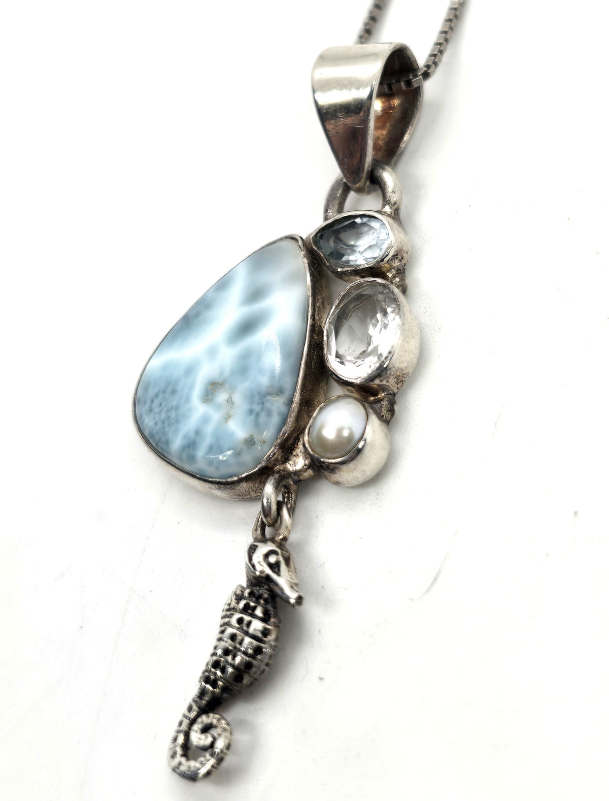 Larimar Dominican topaz aquamarine sterling silver seahorse necklace