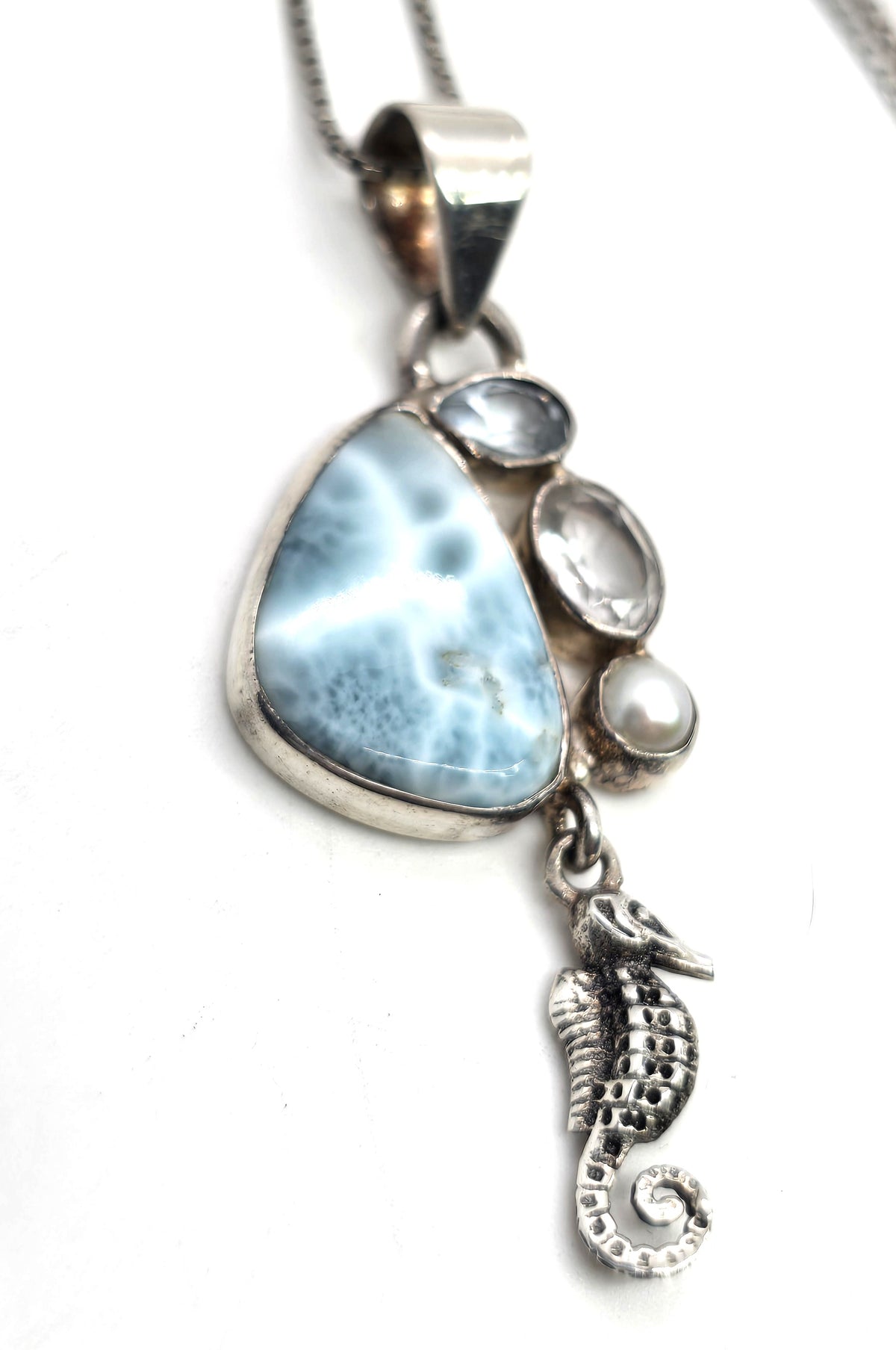 Larimar Dominican topaz aquamarine sterling silver seahorse necklace