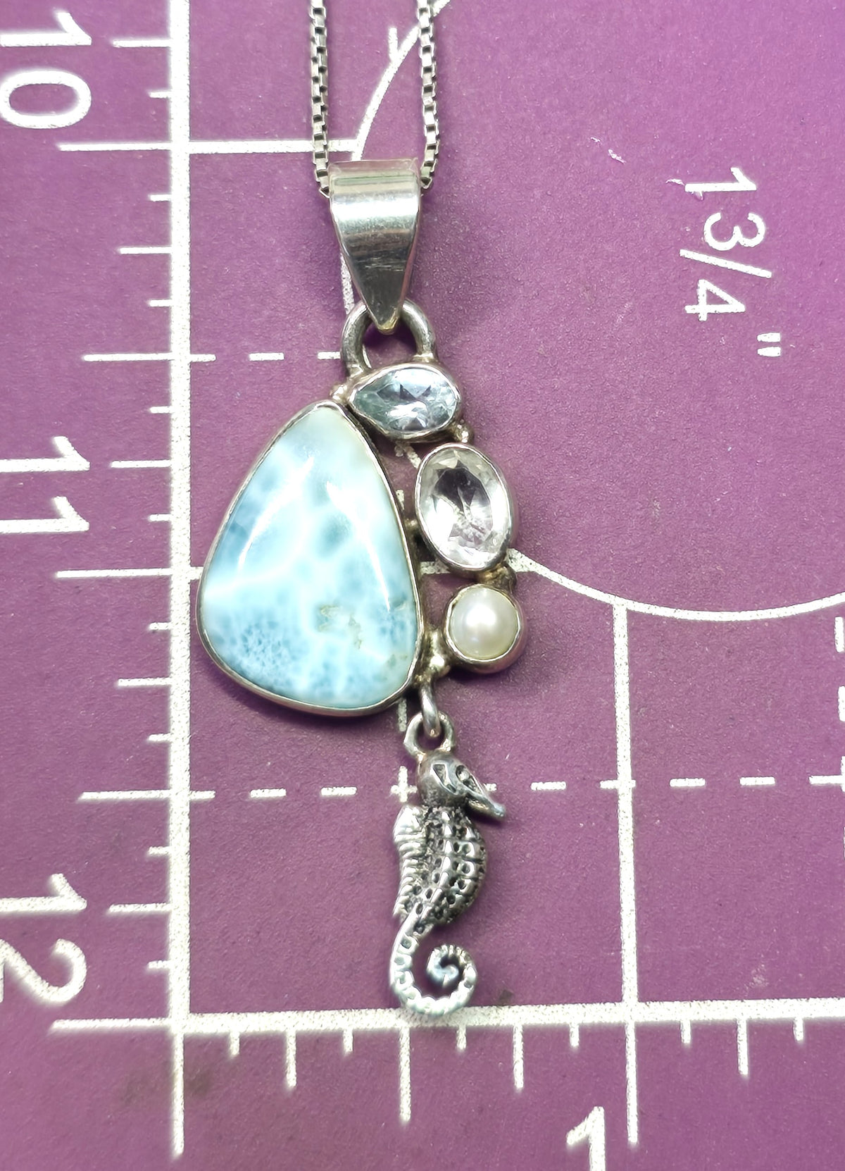 Larimar Dominican topaz aquamarine sterling silver seahorse necklace
