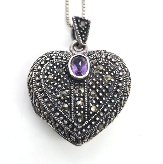 Amethyst and marcasite vintage purple sterling silver locket necklace