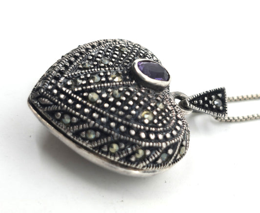 Amethyst and marcasite vintage purple sterling silver locket necklace