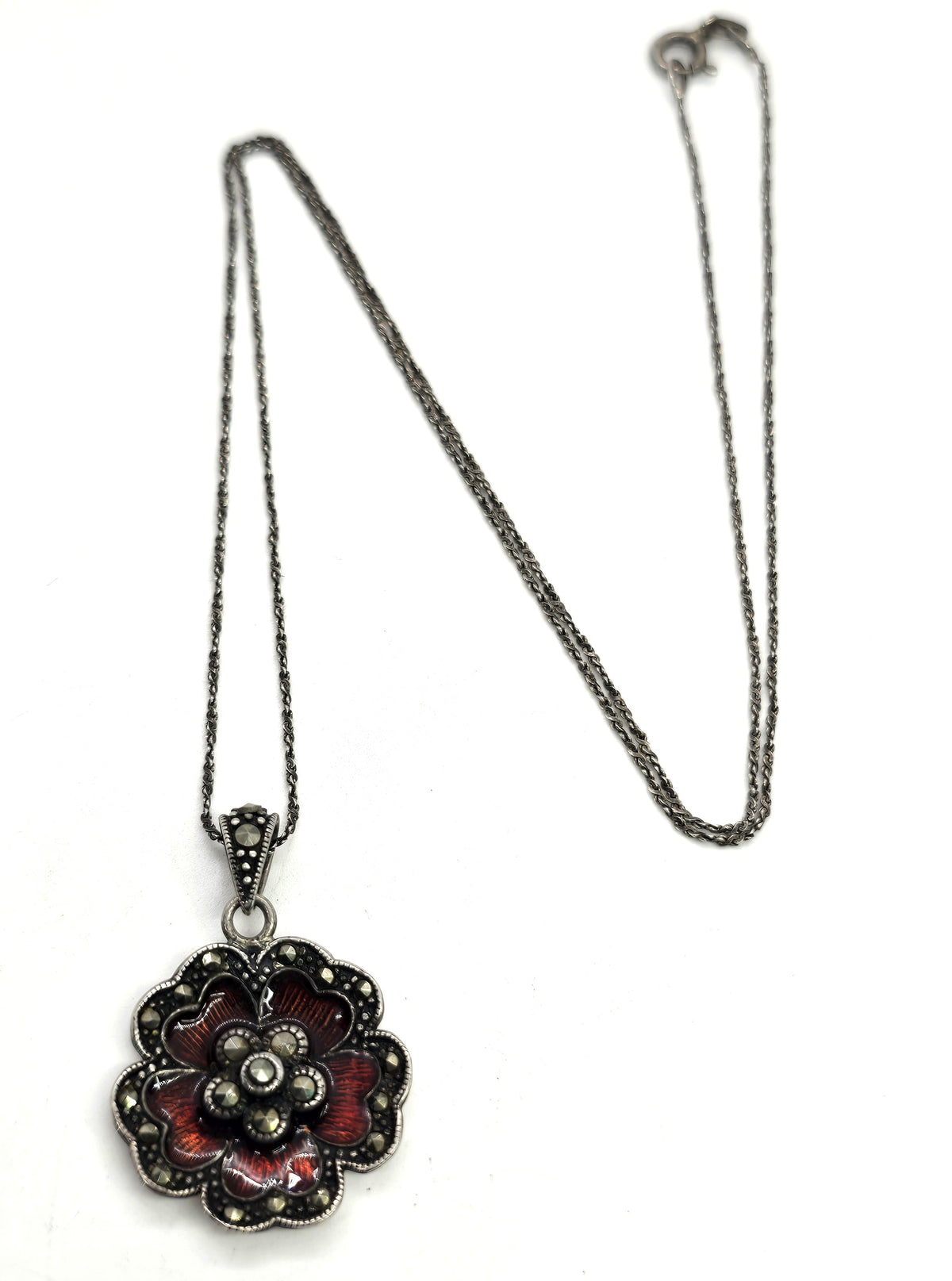 Red Guilloche enamel marcasite blooming flower pendant necklace