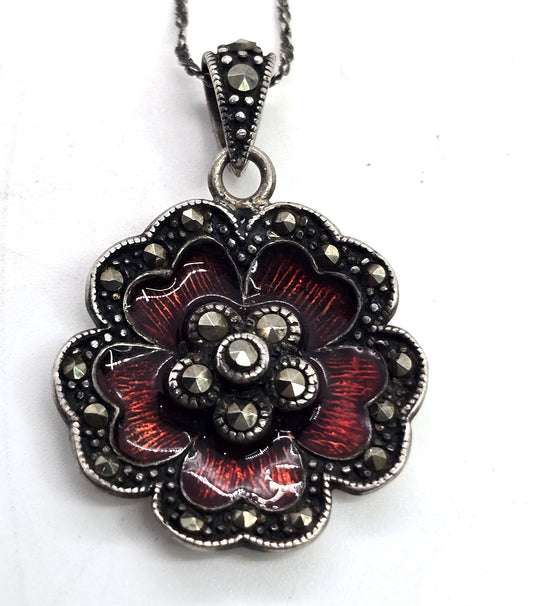 Red Guilloche enamel marcasite blooming flower pendant necklace