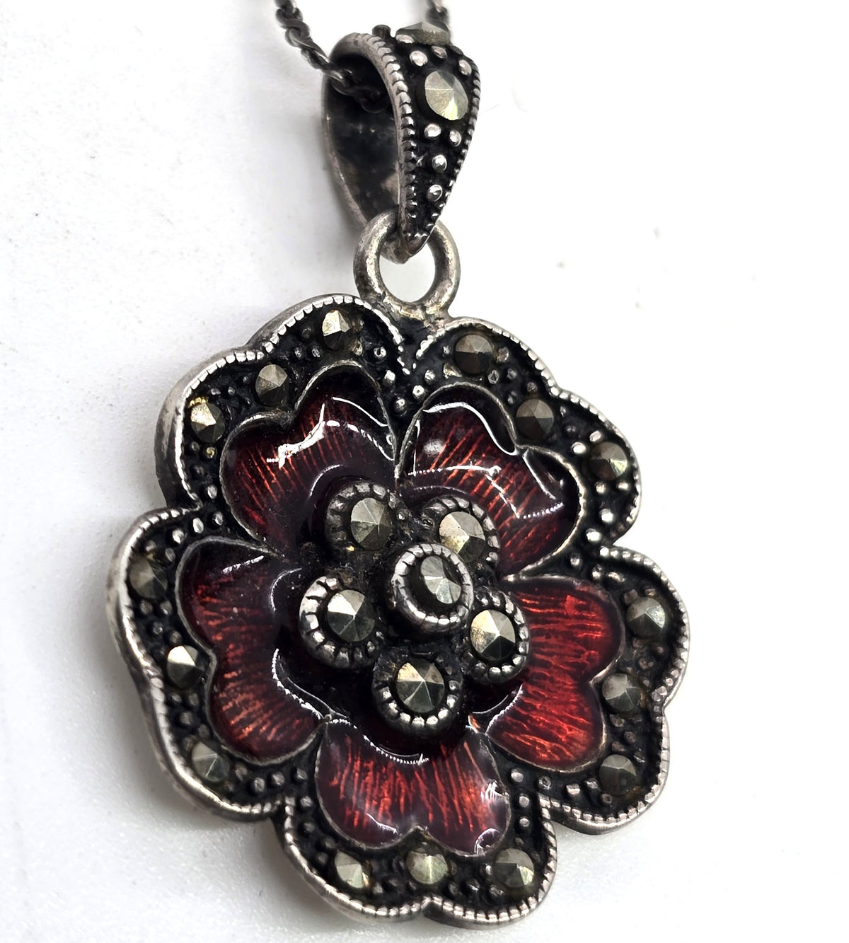 Red Guilloche enamel marcasite blooming flower pendant necklace