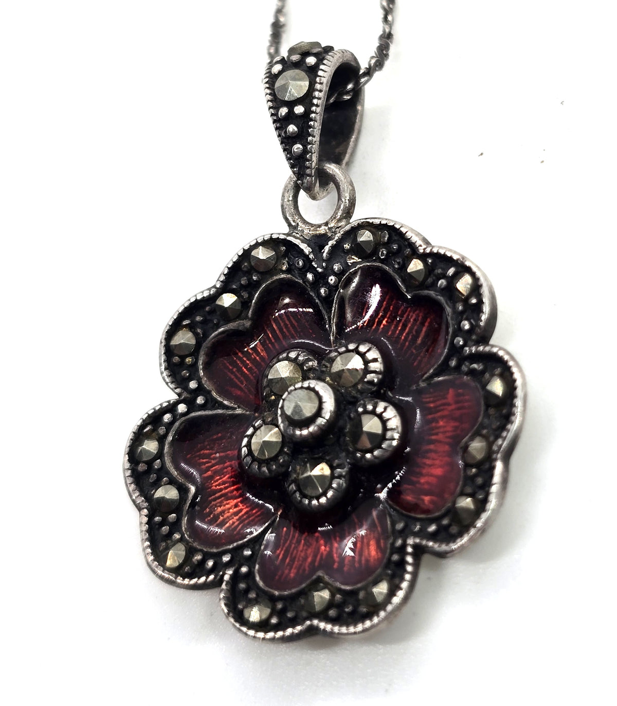 Red Guilloche enamel marcasite blooming flower pendant necklace