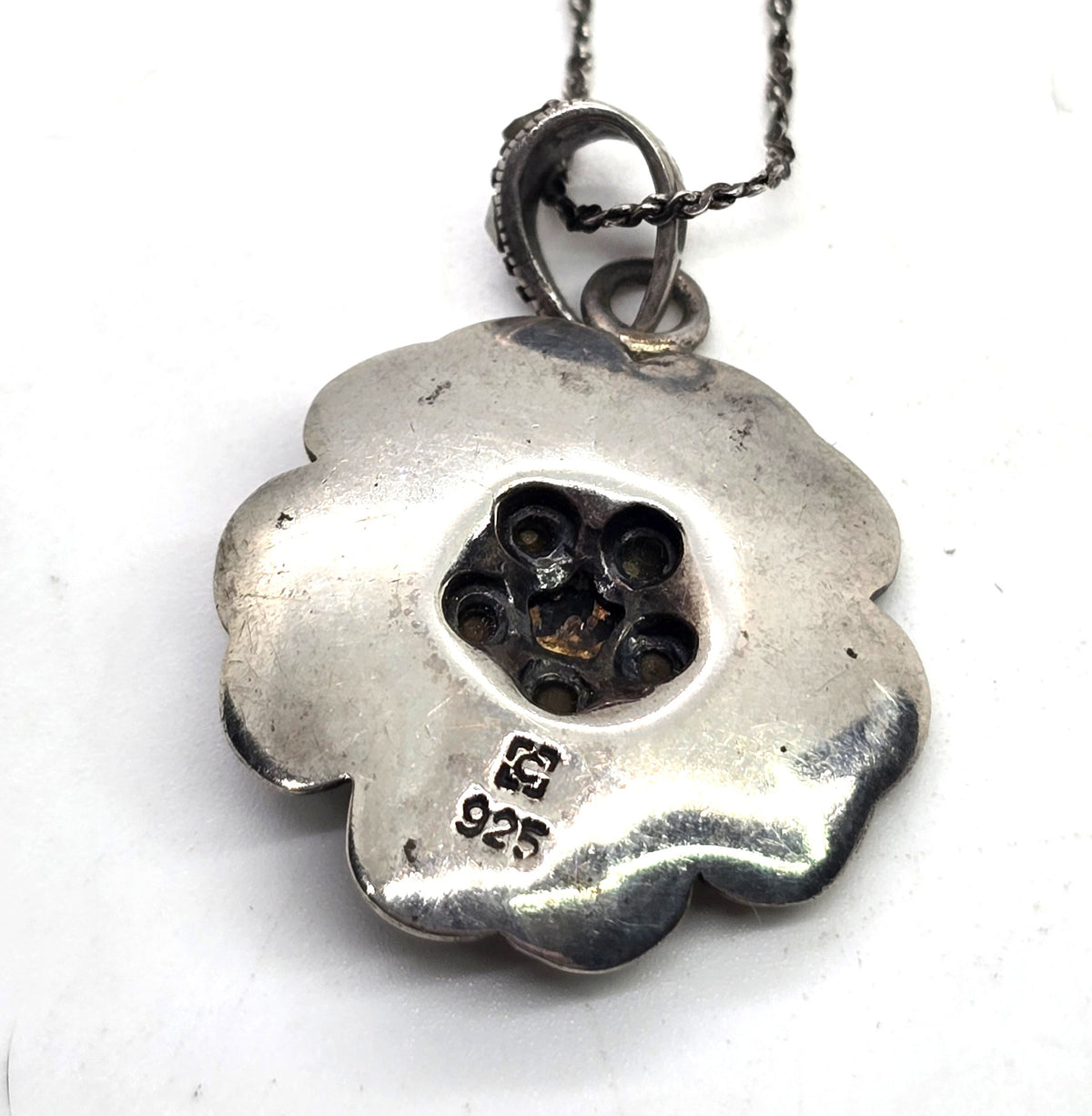 Red Guilloche enamel marcasite blooming flower pendant necklace
