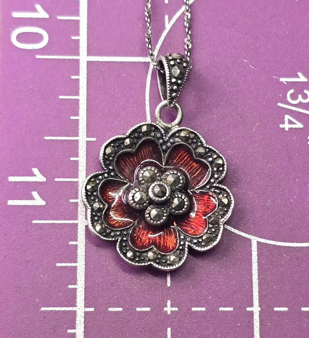 Red Guilloche enamel marcasite blooming flower pendant necklace
