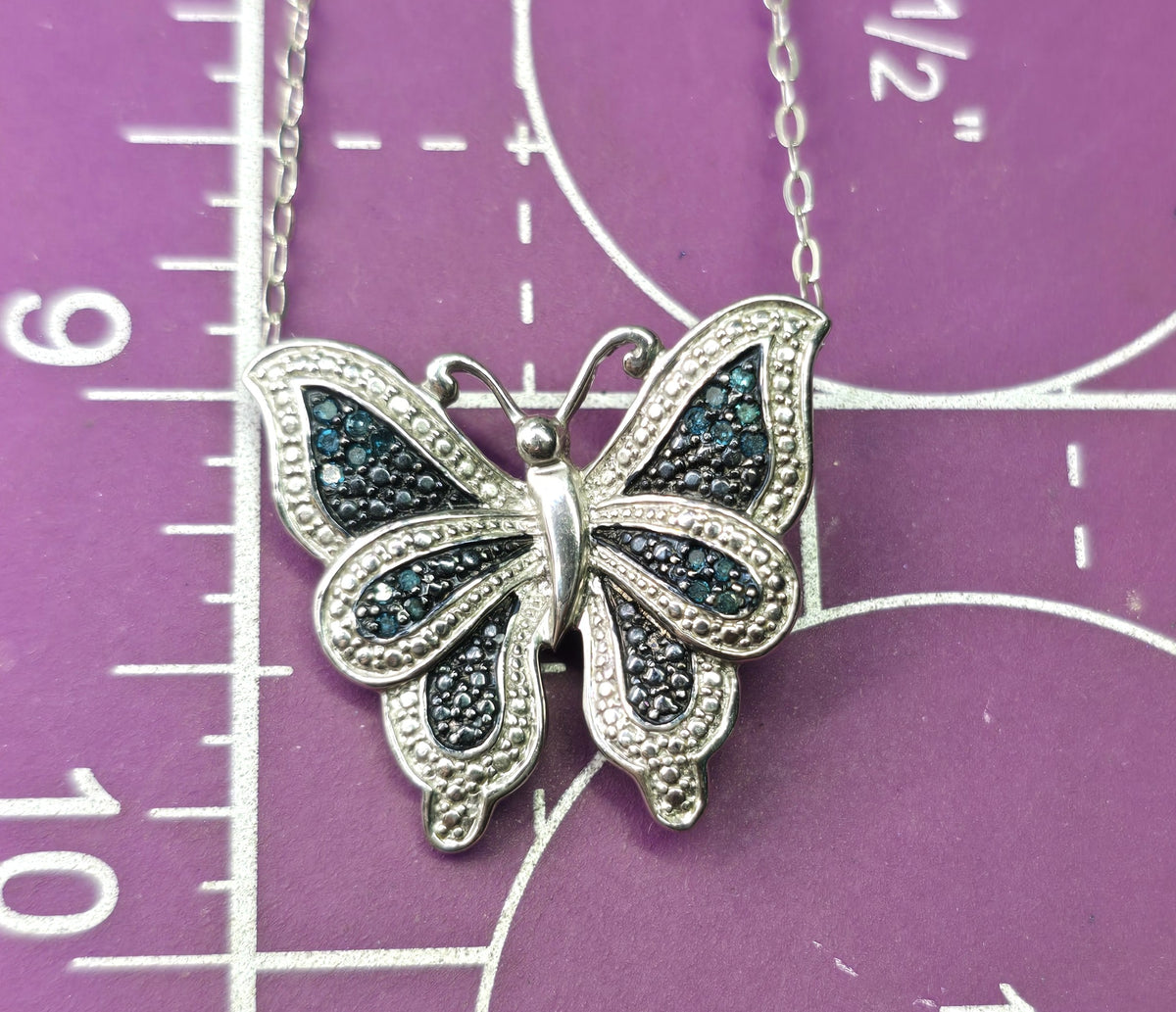 Zales Blue Sapphire gemstone butterfly sterling silver necklace